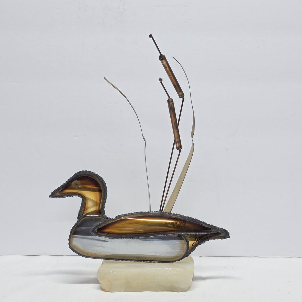 Vintage Brutalist Duck With Reeds Sculpture By Mario Jason Copper Brass Onyx